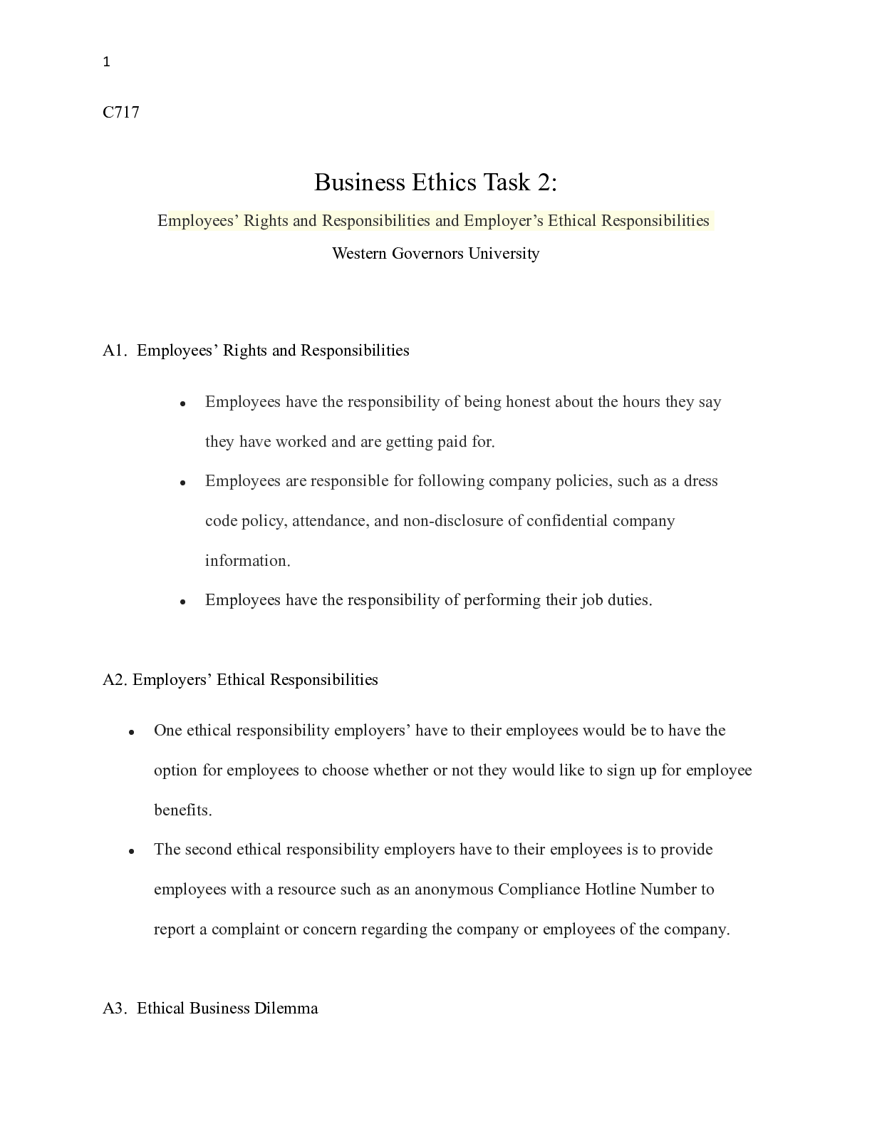 Preview of C717_Task_2.docx  C717  Business Ethics Task 2:  Employees™ Rights and Responsibilities an